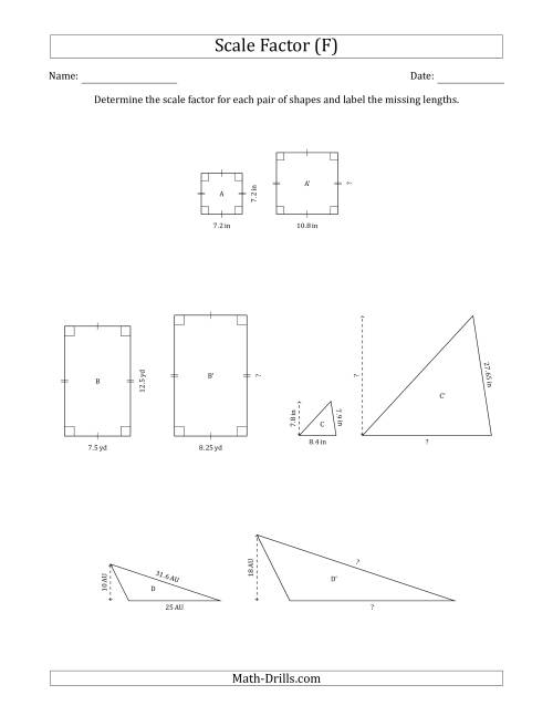 The Determine the Scale Factor Between Two Shapes and Determine the Missing Lengths (Scale Factors in Intervals of 0.1) (F) Math Worksheet