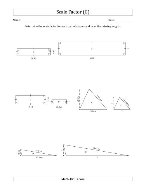 The Determine the Scale Factor Between Two Shapes and Determine the Missing Lengths (Scale Factors in Intervals of 0.1) (G) Math Worksheet