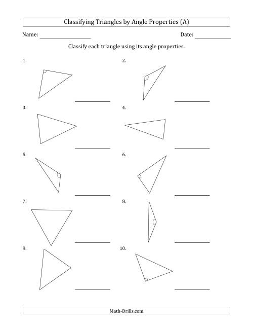 Classifying Triangles By Angle Properties Marks Included On Question Page A 0732