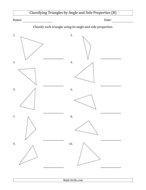 The Classifying Triangles by Angle and Side Properties (No Marks on Question Page) (B) Math Worksheet