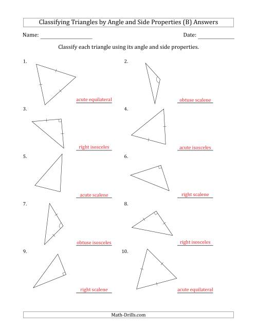 The Classifying Triangles by Angle and Side Properties (No Marks on Question Page) (B) Math Worksheet Page 2