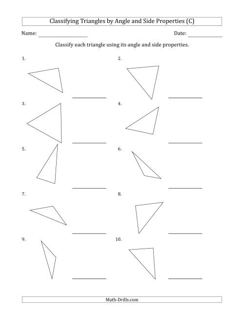 The Classifying Triangles by Angle and Side Properties (No Marks on Question Page) (C) Math Worksheet