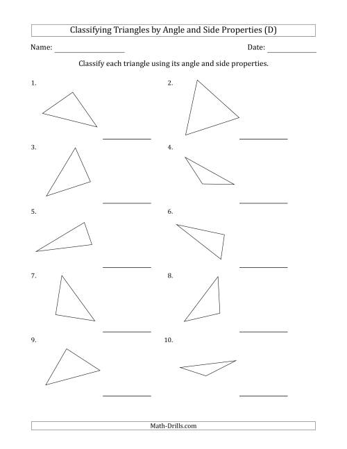 The Classifying Triangles by Angle and Side Properties (No Marks on Question Page) (D) Math Worksheet