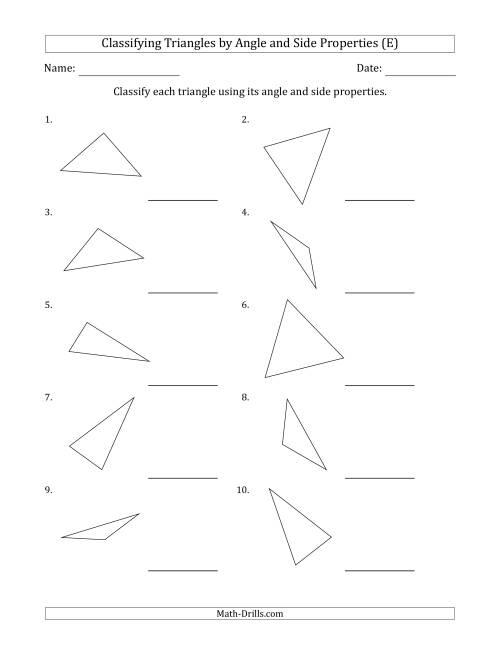 The Classifying Triangles by Angle and Side Properties (No Marks on Question Page) (E) Math Worksheet