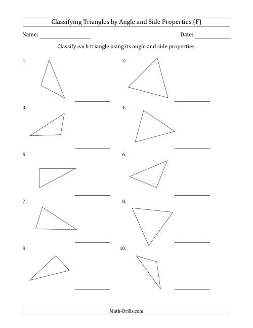 The Classifying Triangles by Angle and Side Properties (No Marks on Question Page) (F) Math Worksheet