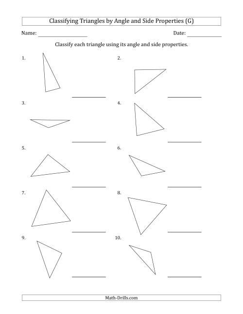 The Classifying Triangles by Angle and Side Properties (No Marks on Question Page) (G) Math Worksheet