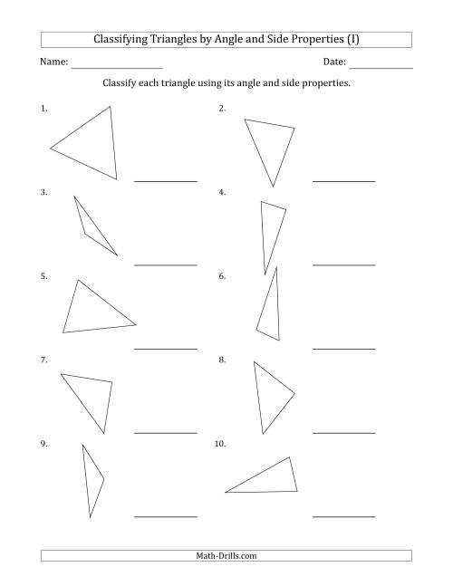 The Classifying Triangles by Angle and Side Properties (No Marks on Question Page) (I) Math Worksheet