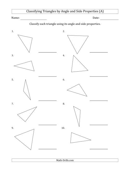 The Classifying Triangles by Angle and Side Properties (No Marks on Question Page) (All) Math Worksheet