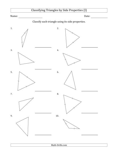 The Classifying Triangles by Side Properties (Marks Included on Question Page) (I) Math Worksheet