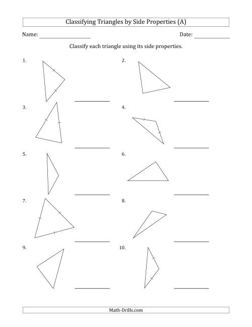 The Classifying Triangles by Side Properties (Marks Included on Question Page) (All) Math Worksheet