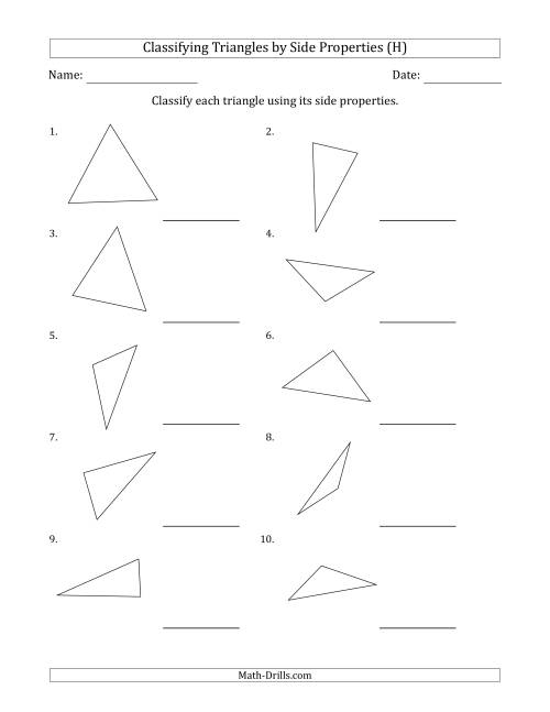 The Classifying Triangles by Side Properties (No Marks on Question Page) (H) Math Worksheet