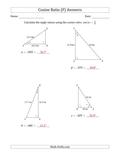 The Calculating Angle Values Using the Cosine Ratio (F) Math Worksheet Page 2
