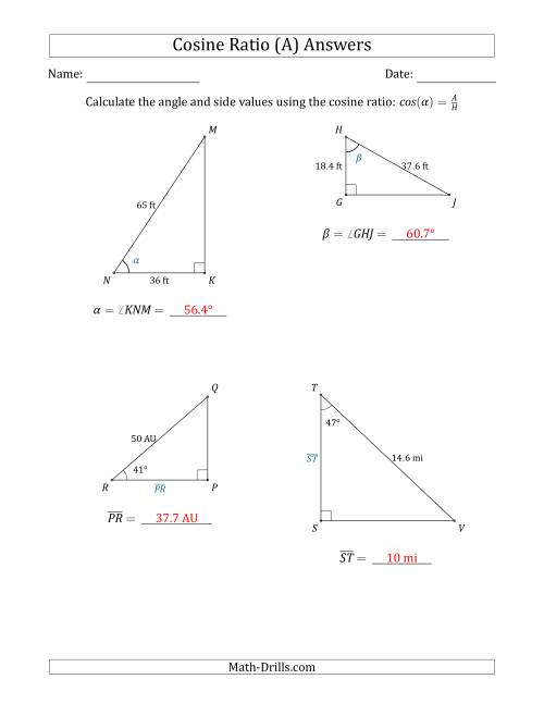 The Calculating Angle and Side Values Using the Cosine Ratio (A) Math Worksheet Page 2