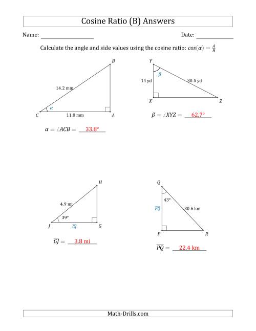 The Calculating Angle and Side Values Using the Cosine Ratio (B) Math Worksheet Page 2