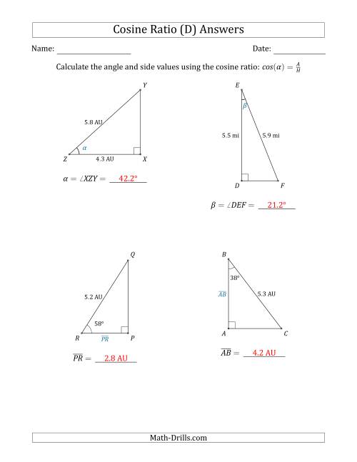 The Calculating Angle and Side Values Using the Cosine Ratio (D) Math Worksheet Page 2