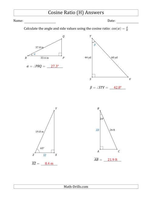 The Calculating Angle and Side Values Using the Cosine Ratio (H) Math Worksheet Page 2