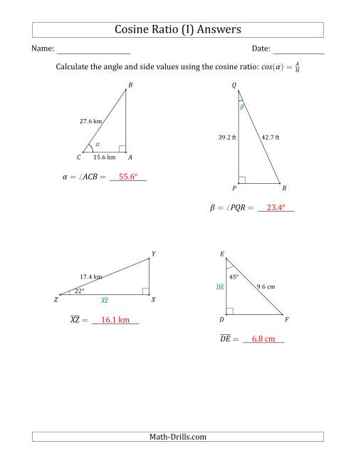 The Calculating Angle and Side Values Using the Cosine Ratio (I) Math Worksheet Page 2