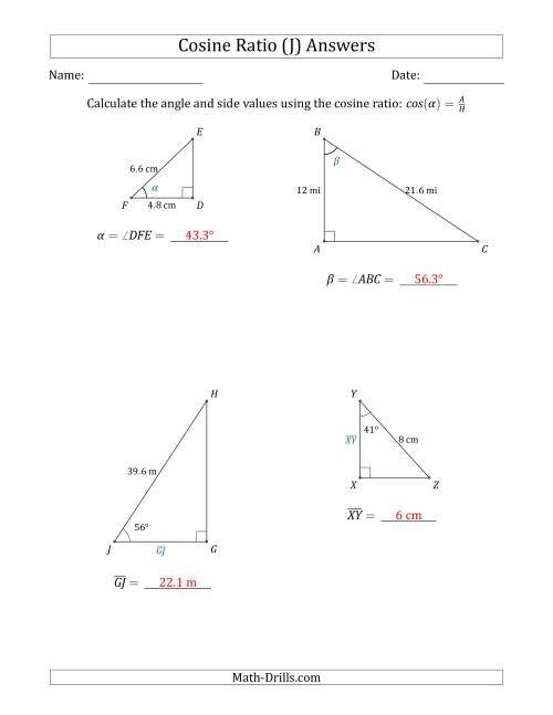 The Calculating Angle and Side Values Using the Cosine Ratio (J) Math Worksheet Page 2
