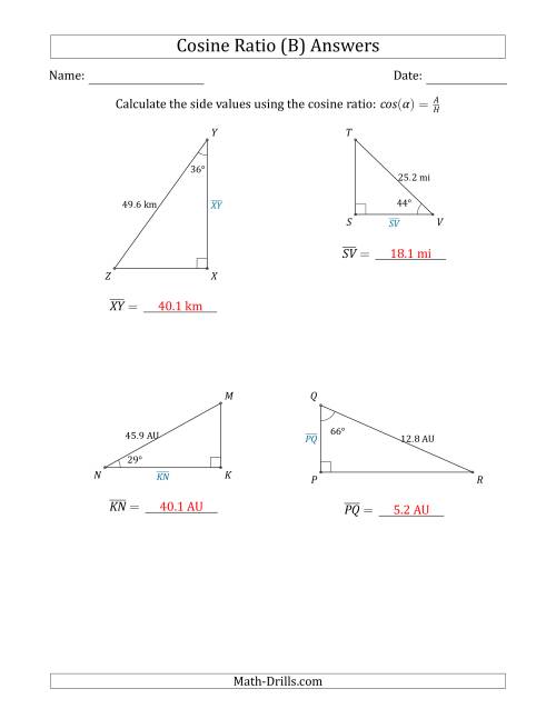 The Calculating Side Values Using the Cosine Ratio (B) Math Worksheet Page 2