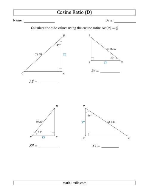 The Calculating Side Values Using the Cosine Ratio (D) Math Worksheet