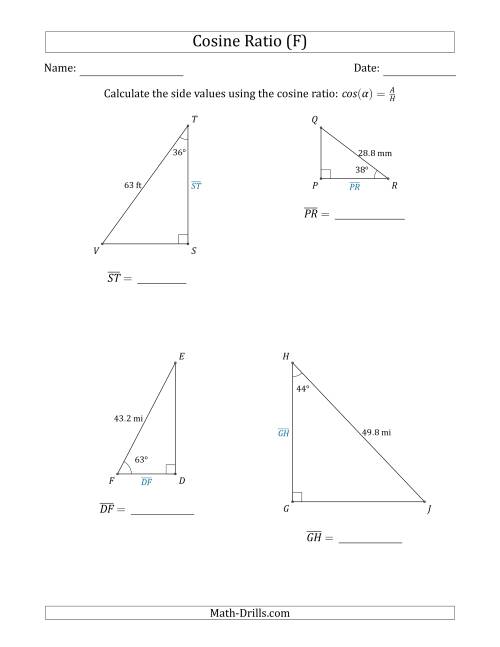 The Calculating Side Values Using the Cosine Ratio (F) Math Worksheet