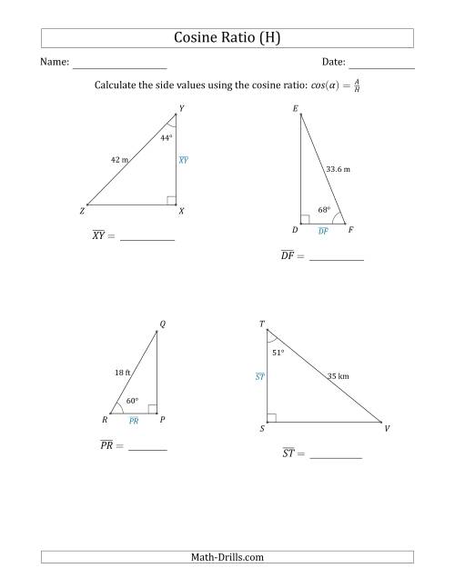 The Calculating Side Values Using the Cosine Ratio (H) Math Worksheet