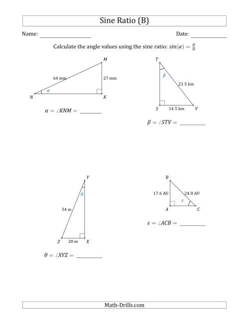 The Calculating Angle Values Using the Sine Ratio (B) Math Worksheet