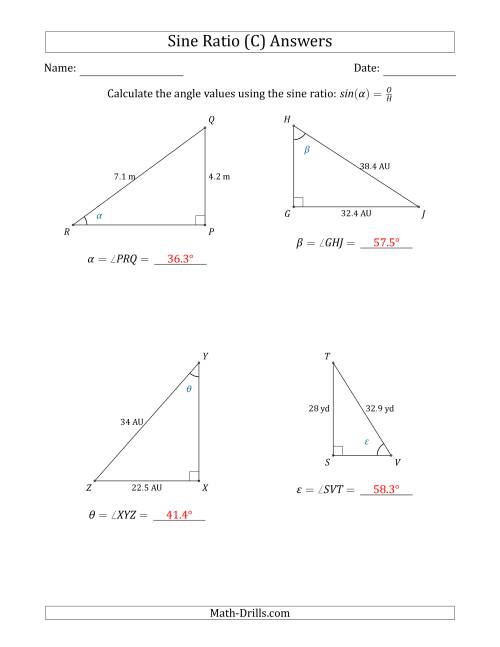 The Calculating Angle Values Using the Sine Ratio (C) Math Worksheet Page 2