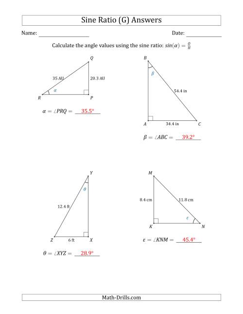 The Calculating Angle Values Using the Sine Ratio (G) Math Worksheet Page 2