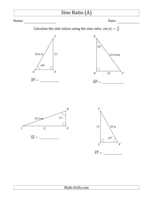 The Calculating Side Values Using the Sine Ratio (All) Math Worksheet