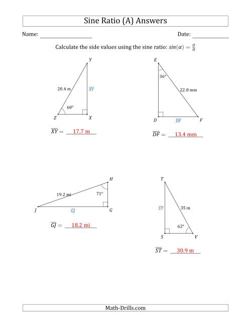 The Calculating Side Values Using the Sine Ratio (All) Math Worksheet Page 2