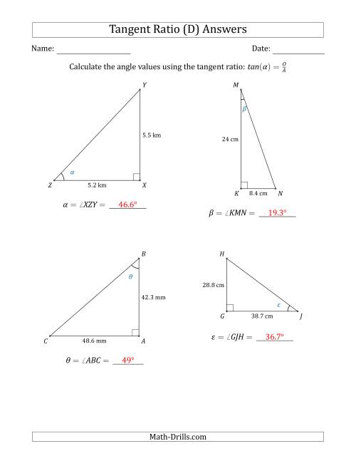 The Calculating Angle Values Using the Tangent Ratio (D) Math Worksheet Page 2