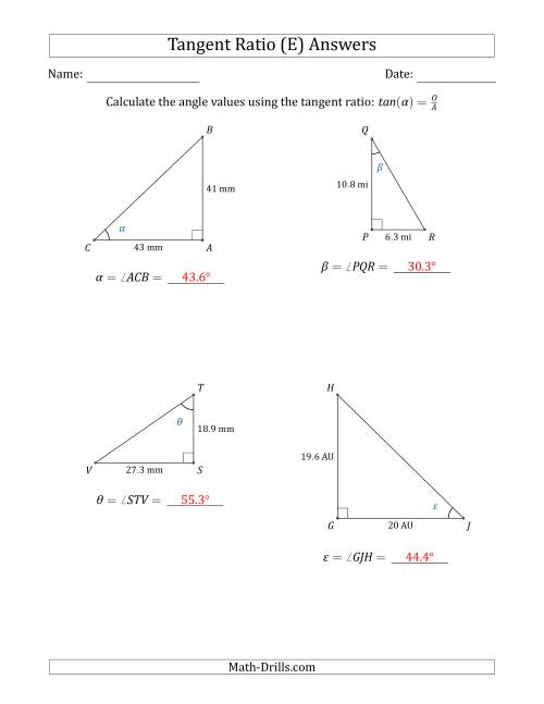 The Calculating Angle Values Using the Tangent Ratio (E) Math Worksheet Page 2