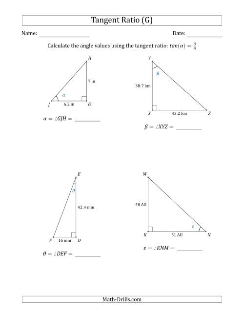 The Calculating Angle Values Using the Tangent Ratio (G) Math Worksheet