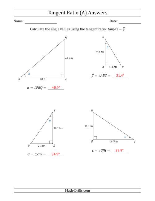 The Calculating Angle Values Using the Tangent Ratio (All) Math Worksheet Page 2