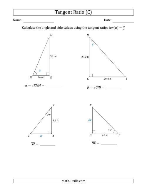 The Calculating Angle and Side Values Using the Tangent Ratio (C) Math Worksheet