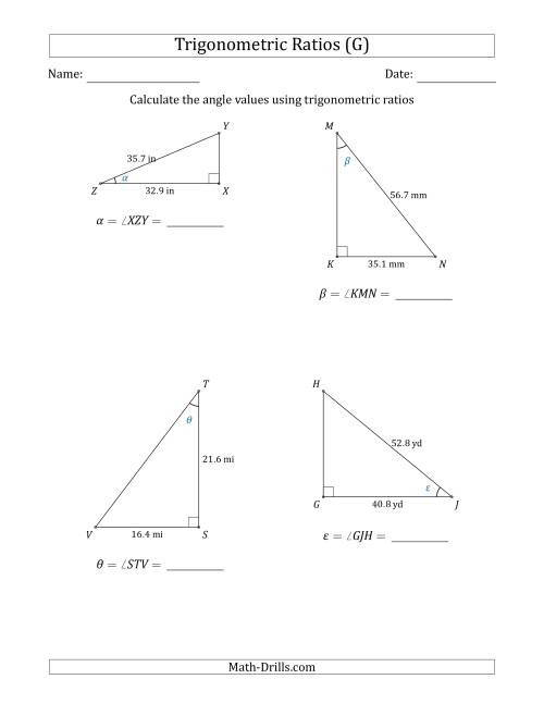 The Calculating Angle Values Using Trigonometric Ratios (G) Math Worksheet