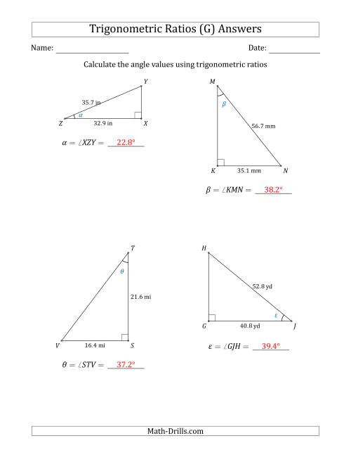 The Calculating Angle Values Using Trigonometric Ratios (G) Math Worksheet Page 2