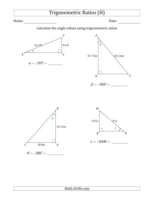 The Calculating Angle Values Using Trigonometric Ratios (H) Math Worksheet