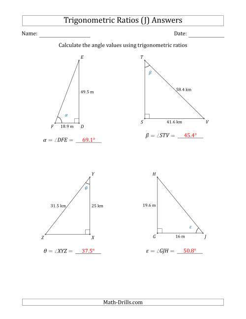 The Calculating Angle Values Using Trigonometric Ratios (J) Math Worksheet Page 2