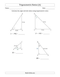 Calculating Angle and Side Values Using Trigonometric Ratios