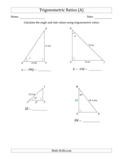 Calculating Angle and Side Values Using Trigonometric Ratios (A)