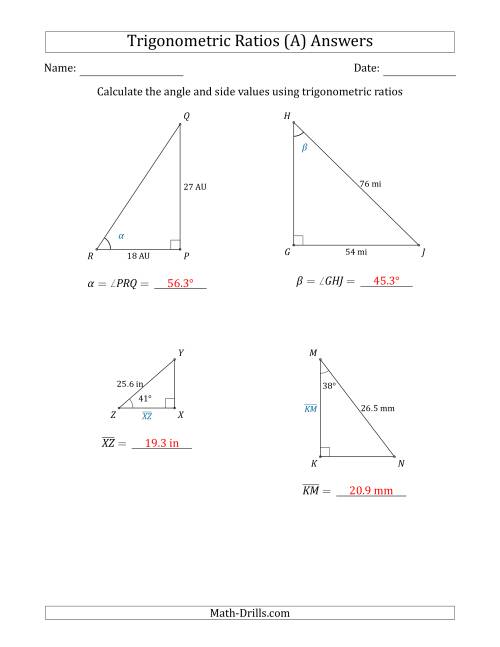 calculating angle and side values using trigonometric ratios a