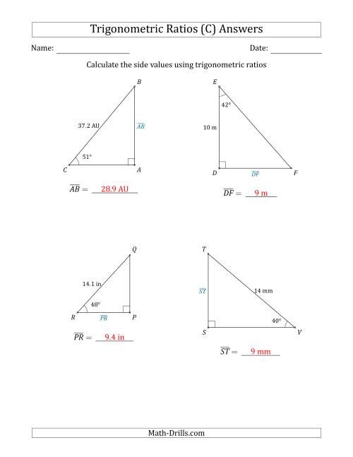 The Calculating Side Values Using Trigonometric Ratios (C) Math Worksheet Page 2