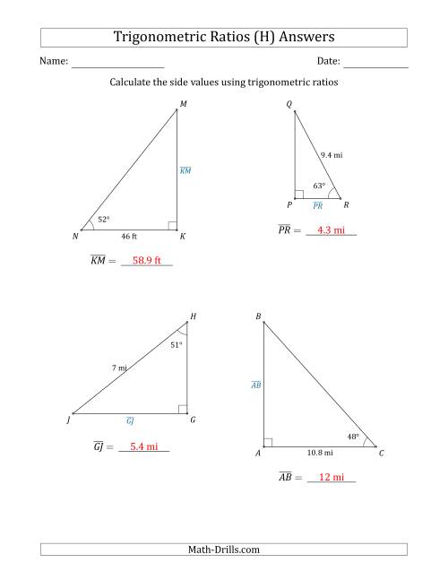 The Calculating Side Values Using Trigonometric Ratios (H) Math Worksheet Page 2