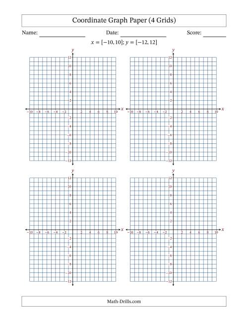 The Four Quadrant Coordinate Graph Paper <i>x</i> = [-10,10]; <i>y</i> = [-12,12] (4 Grids) Math Worksheet