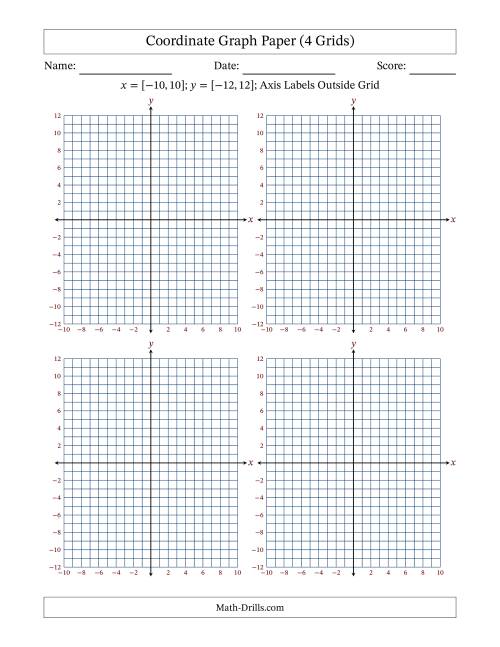 The Four Quadrant Coordinate Graph Paper <i>x</i> = [-10,10]; <i>y</i> = [-12,12] (4 Grids) (Axis Labels Outside Grid) Math Worksheet