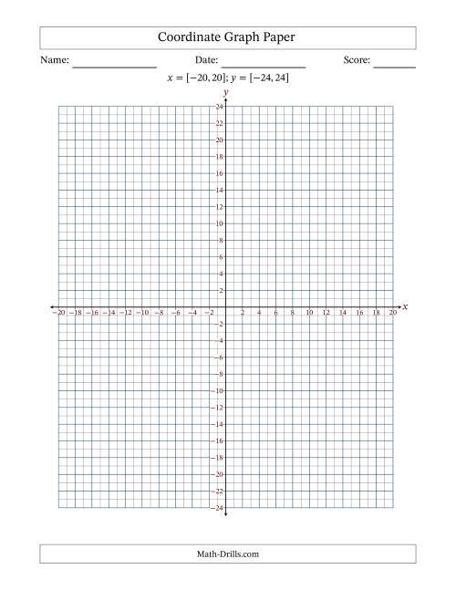 The Four Quadrant Coordinate Graph Paper <i>x</i> = [-20,20]; <i>y</i> = [-24,24] Math Worksheet