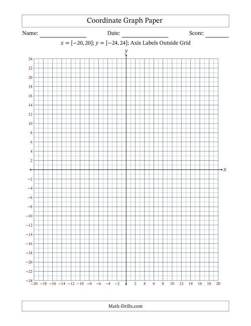 The Four Quadrant Coordinate Graph Paper <i>x</i> = [-20,20]; <i>y</i> = [-24,24] (Axis Labels Outside Grid) Math Worksheet