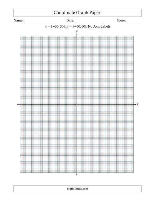 The Four Quadrant Coordinate Graph Paper <i>x</i> = [-50,50]; <i>y</i> = [-60,60] (No Axis Labels) Math Worksheet